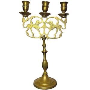 Vintage Brass Judaica Candelabra 3-Arm Lion of Judea Handmade NYC Decor